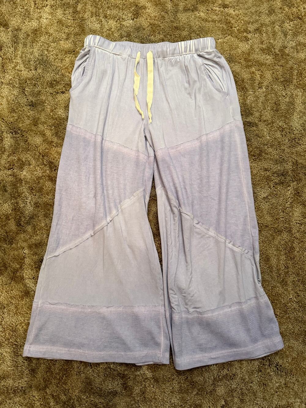 POL Declan Contrasting Ribbed Waffle Knit Patchwork Loose-Fit Pants Lavender